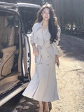 Getadme-한국 패션 라펠 숏 트렌치코트 2피스 세트 영국 스타일 더블 브레스티드 머메이드 드레스 여성 가을 ​​신상 의류