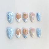 GETADME 24Pcs 3D Strawberry Rabbit Flower Fake Nails Press on Mid-length Almond Wearable False Nails Green Gradient Pearl Manicure Tips