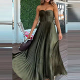 GETADME Women Sexy Sleeveless Solid Color Party Dress Fashion Pleated Big Swing Evening Dress Elegant Strapless Backless Zip Long Dress