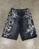 GETADME American Retro Gothic Halloween Geometry Graffiti Print Denim Shorts Men Women Y2k Low Waist Baggy Knee Length Jeans Jorts Short