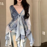 GETADME Sexy Women Tie Dye Mesh Sheer T-Shirt V Neck Flared Long Sleeve Slim Fit Tees Fake 2 Pieces Front Bandage Tshirt Y2K Streetwear