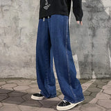 GETADME New Streetwear Loose Jeans Men Korean Style Fashion Loose Straight Wide Leg Pants Men's Brand Clothing Black Light Blue