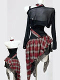 GETADME Gothic Punk Two Piece Set for Women 2026 Summer Distressed Mesh Crop Tops Plaid Asymmetrical Lace Skirt Chain Y2K Streetwear