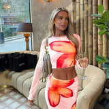 Ensemble deux pièces GETADME Automne Hiver Jupe T-shirt Manches Longues Col Rond Coupe Slim Décontracté Jupe Imprimée Rouge Élégante