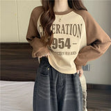 Getadme-Contrast paneled cropped sweatshirt spring autumn new pure cotton vintage letter print babes long sleeve top