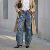 GETADME 2026 Chic Y2K Style Metal Decoration Washed Blue Women's Stacked Jeans Pants For Woman Clothing Wide Leg Vintage Denim Trouserso