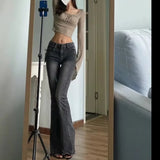 GETADME American Style Slimming Jeans Women's Spring Autumn Vintage Micro Flared Trousers Low Waist Elastic Body Shaping Waistband