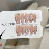 GETADME 10Pcs Sweet Mid-length Ballet False Nails Art Fashion Pink Cat Eye Lovely Bow Wearable Finished Nails Set Summer Acrylic Nails