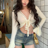 GETADME 2025 Streetwear Hollow Out Sexy Cardigan Y2k Aesthetic Slim Fit Bandage Grunge Cardigans Women Flare Sleeve Harajuku Crop Coats