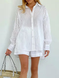 GETADME Wolfeel Casual Shorts Sets Striped Jacquard 2 Pieces Cozy Lapel Lantern Sleeve Shirt Summer Outfit Elastic Waist Shorts Suits