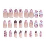 GETADME 24Pcs False Nails Pink Brown Polka Dot Lace Lace French Press on False Nails Bow Pearl Wearable Manicure Tips Art Fake Nails