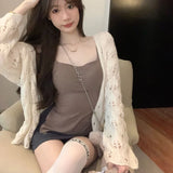 Getadme-Autumn Thin Hollow Out Knitted Cardigan Women Sexy Long Sleeve Shawl Button Sweater Woman Casual Sun Protection Outwear