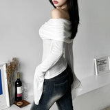 GETADME Y2k Aesthetic Simple Fashion Women's Tee Shirts Slash Neck Long Sleeve Solid Casual T-Shirts Vintage Off Shoulder Trendy Tshirts