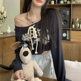 GETADME  Y2K Crop Sweatshirts Women Streetwear Print Bandage Hoodies Vintage Korean Off Shoulder Pullover Long Sleeve Casual Tops