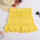 GETADME Handmade Crochet Hollow Out Swimwear Cover Up Solid Color Drawstring Short Skirt Women Holiday Knitting Sweet Beachwear