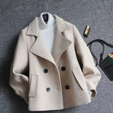 New Autumn Winter Woolen Coat Women Short Slim Fashion Double-Breasted Suit Collar Cardigan Jacket Female Outerwear