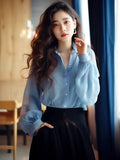 Getadme-Women's Shirt and Blouse Button Up Loose Summer Female Tops Blue Chiffon Full Long Sleeve Elegant 2024 Y2k Fashion Clothes Blue
