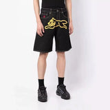 GETADME American fashion flying dog print straight leg denim shorts for men high street casual fashion wide leg five quarter pants