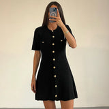 GETADME White Elegant Knitted Mini Dress For Women Metal Button Sexy Slim Rib Sweater Dress Holiday Party Outfits Autumn 2025 New