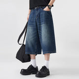 GETADME Men's Non-Elastic Denim Seven-Five Shorts Loose Wide Leg Fit Versatile Simple Style Casual Shorts