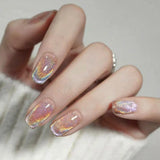 GETADME 24Pcs Rainbow Color Glow Cat Eye Press on False Nails with Glue Glitter Short Square Nails Sweet Cool Gradient Summer Fake Nails
