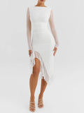 GETADME Elegant Ruffle Ruched Midi Dress For Women Robe Summer New Backless Sleeveless Irregular Club Party Sexy Dress Vestido