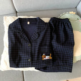 GETADME 자수 강아지 귀여운 패션 잠옷 세트 여성용 플레드 라펠 넥 신축성 허리 디자인 잠옷 짧은 새 캐주얼 잠옷