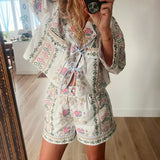 Getadme-2 Piece Vintage Oufits Indie Graphic Print Front Tie Up Bowknot Full Sleeve Blouse T-shirt + Shorts Fairy Cottage Y2K Streetwear