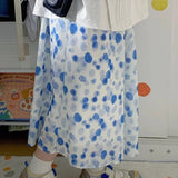 GETADME 블루 일본 하라주쿠 스위트 블렌드 폴카 도트 프린트 하프 스커트 루즈 미디 길이 A라인 여름 스커트 롱 스커트 여성용
