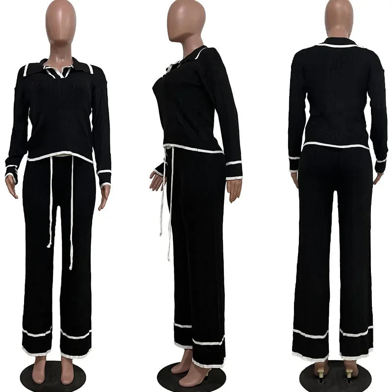Ensemble de survêtement décontracté en maille GETADME Active Wear pour femme, deux pièces, haut rayé sport et pantalon large, idéal pour le jogging.