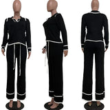 GETADME Active Wear Knitted Casual Tracksuit for Women Two Piece Set Sporty Fitness Striped Sweater Top and Wide Leg Pants Jogging Femme