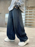 GETADME Boy's Loose-Fit Trendy Rear Pocket Embroidered Design Denim Straight-Leg Pants, Comfortable Stretch Elastic Waist.