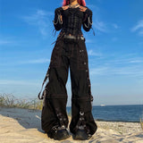 GETADME Women Fall Winter Cargo Jeans Striped Zipper Button Closure Loose Casual Trousers Streetwear with Pockets