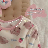 GETADME Winter Pajamas Round Neck Long Sleeve Cartoon Bear Warm Sleepwear for Winter Thickened Big Size Pajamas Coral Fleece Two-Piece