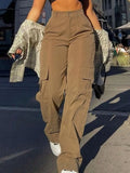 GETADME Women's Plain High Waist Cargo Pants, Street Fashion Casual Pocket Button Trousers for Daily Wear, Ladies Bottoms for All Season