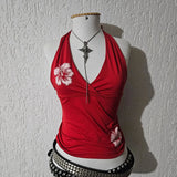 GETADME Fashionable summer women's Y2k halter top Harajuku flower pattern printed fitted backless top, casual V-neck sleeveless tank top