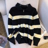 GETADME Lucyever Women's Turndown Collar Striped Sweater Vintage Loose Long Sleeve Knitwear Female Autumn Winter Warm Knitted Jumper Top