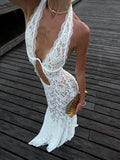 GETADME Sexy White Lace Hollow-out Halter Dress Women Chic Sleeveless Off-shoulder Backless Maxi Dresses 2026 Lady Vacation Beach Gowns