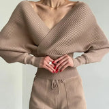 GETADME Double V-neck Sexy Off-shoulder Cropped Top Fashion Trousers New Knitted Solid Color Two-piece Set for Women