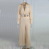GETADME Elegant Fashion Women's Trousers Suits High Waist Wide Leg Pockets Pants V Neck Long Sleeve T-Shirts Solid Two Piece Sets