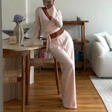 GETADME 여성 패션 라운지 세트 빈티지 2피스 아웃핏 V넥 허리 타이 티셔츠 + 신축성 허리 팬츠 가을 긴팔 크롭 탑