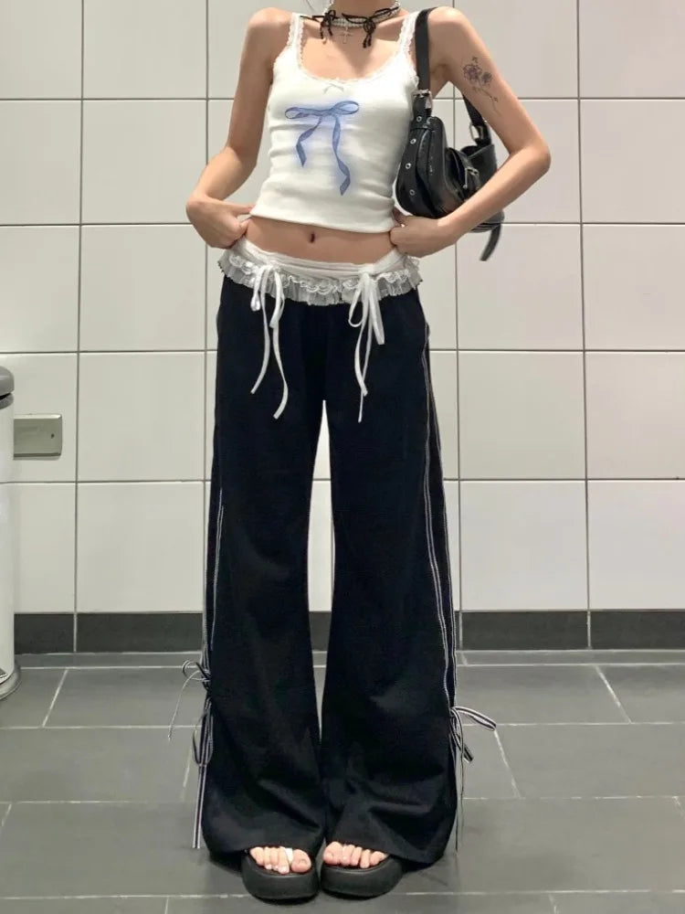 GETADME Y2k Baggy Laces Patchwork Sweatpants Vintage Woman Korean Fashion Loose Sports Pants Harajuku Gyaru Casual Trousers