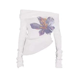 GETADME Trendix Knit Print Pullover For Women 2025 Summer Long Sleeve Asymmetric Top Ladies Party Sexy Off Shoulder Knitwear Flower Tops