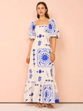 GETADME 2025 Summer Fashion New Women's Elegant Bohemian Dress with Printed Temperament One Collar Lantern Sleeve Long Dress