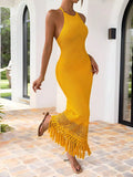GETADME Yellow Crochet Halter Neck Maxi Dress with Fringe Hem Boho Summer Beach Dress