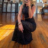 Getadme 섹시 여성 패션 레이스 시스루 투피스 세트 중공 불규칙한 시스루 크롭 탑 및 하이웨이스트 스커트 클럽웨어