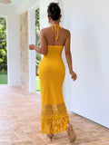 GETADME Yellow Crochet Halter Neck Maxi Dress with Fringe Hem Boho Summer Beach Dress
