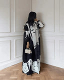 GETADME 가을 여성용 롱 코트, 레트로 프린트 긴팔 무슬림 아바야 사우디 패션 주름 허리 벨트