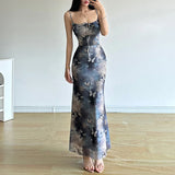 GETADME Fashion Butterfly Print Dress Summer Women Preppy Style Sexy Low Chest Sleeveless Strap Dresses Clubwear Elegant Lady Maxi Dress