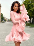 GETADME Elegant Women Round Neck Single Breasted Flare Long Sleeve Mini Dress Sweet Solid Bubble Skirt 2025 Lady Chic High Street Robes